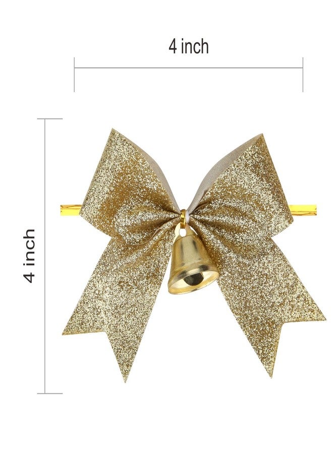 Meseey 12 Ps Christmas Bows with Bell 4 Inch Metallic Gold Glitter Ribbon Bows Xmas Premade Twist Tie Bows for Gift Wrapping Wreath Wedding Baby Shower Christmas Party(Gold Glitter) - Image 2